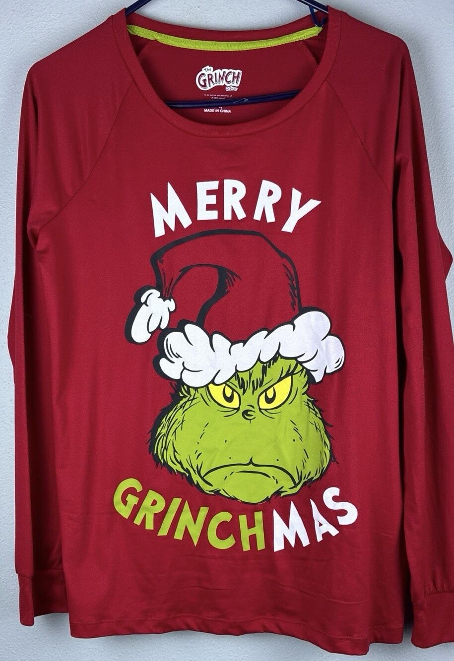 Merry Grinchmas Sz S Oversized LS Grinch Red Green, Printed Bottoms Elas Waist